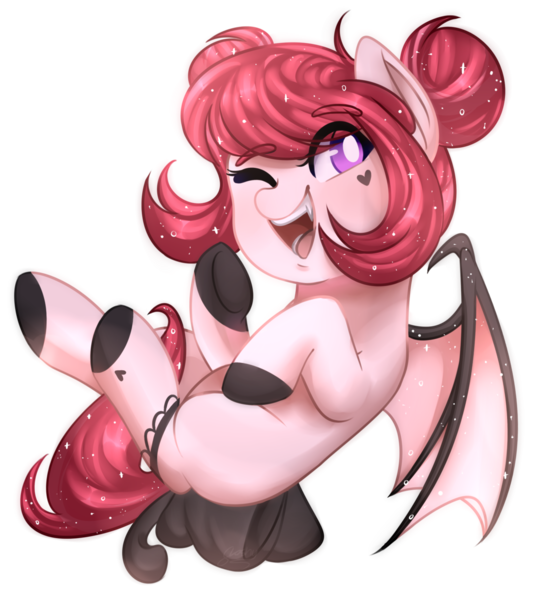 Size: 1024x1144 | Tagged: safe, artist:slasharu, derpibooru import, oc, oc:blood garter, unofficial characters only, bat pony, pony, female, garter, heart, mare, one eye closed, simple background, solo, transparent background, wink