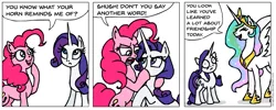 Size: 937x374 | Tagged: suggestive, artist:gingerfoxy, derpibooru import, pinkie pie, princess celestia, rarity, pony, pony comic generator, comic, traumatized