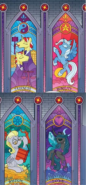 Size: 500x1072 | Tagged: safe, artist:andypriceart, derpibooru import, derpy hooves, flam, flim, queen chrysalis, trixie, flutter pony, pony, unicorn, comic, dark mirror universe, equestria-3, eyeshadow, fairness, female, flim flam brothers, gavel, glasses, humility, love, makeup, mare, reversalis, stained glass, underp, wisdom, yin yang, yin-yang