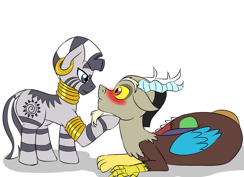 Size: 2338x1700 | Tagged: safe, artist:jolliapplegirl, derpibooru import, discord, zecora, draconequus, zebra, blushing, female, male, shipping, simple background, story included, straight, white background, zecord