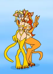 Size: 1500x2100 | Tagged: artist:jonfreeman, breasts, busty sunset shimmer, cat ears, catgirl, cat tail, claws, crossover, darkstalkers, derpibooru import, duo, duo female, eared humanization, eyes closed, female, females only, glasses, human, humanized, humanized oc, kemonomimi, neko, nekomimi, nyanset shimmer, oc, peace sign, simple background, smiling, suggestive, sunset shimmer, tail, tailed humanization