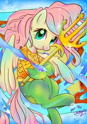 Size: 1024x1453 | Tagged: safe, artist:kumikoponylk, derpibooru import, fluttershy, pegasus, pony, aquaman, arthur curry, crossover, female, looking at you, solo, water