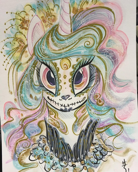 Size: 1080x1350 | Tagged: safe, artist:sararichard, derpibooru import, princess celestia, pony, dia de los muertos, solo, sugar skull, traditional art