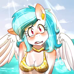 Size: 1000x1000 | Tagged: anthro, artist:lucidlarceny, bikini, bikini top, clothes, colored pupils, derpibooru import, female, floppy ears, oc, oc:squeaky clean, safe, solo, sunburn, swimsuit, this will end in pain, unofficial characters only, wing fluff