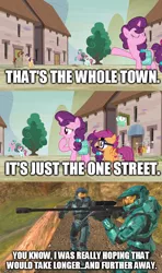 Size: 500x844 | Tagged: safe, derpibooru import, edit, edited screencap, screencap, scootaloo, sugar belle, pony, hard to say anything, blood gulch, imgflip, lavernius tucker, leonard church, meme, our town, red vs blue, rvb, screencap comic, shimmering spectacles