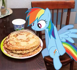 Size: 811x739 | Tagged: artist needed, safe, derpibooru import, rainbow dash, pony, chair, food, irl, kot blini, looking at something, pancakes, photo, ponies in real life, russian, sitting, solo, sour cream