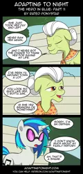 Size: 960x2000 | Tagged: safe, artist:terminuslucis, derpibooru import, granny smith, vinyl scratch, earth pony, pony, unicorn, comic:adapting to night, comic:adapting to night: the hero in blue, comic, park bench
