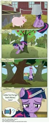 Size: 3419x8519 | Tagged: safe, artist:perfectblue97, derpibooru import, apple bloom, twilight sparkle, earth pony, pig, pony, comic:without magic, absurd resolution, apple, apple tree, applebucking, bed, blank flank, bucket, comic, earth pony twilight, food, rope, sweet apple acres, tree