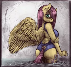 Size: 2248x2135 | Tagged: adorasexy, anthro, artist:bantha, ass, back, blushing, breasts, clothes, cute, derpibooru import, edit, female, flutterbutt, fluttershy, looking at you, looking back, mare, one-piece swimsuit, open-back swimsuit, pegasus, sexy, shy, shyabetes, solo, solo female, spread wings, suggestive, swimsuit, water, wet, wet mane, wings