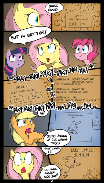 Size: 1031x1819 | Tagged: safe, artist:shoutingisfun, derpibooru import, applejack, fluttershy, pinkie pie, twilight sparkle, twilight sparkle (alicorn), winona, alicorn, earth pony, pegasus, pony, rabbit, comic, computer, console, dialogue, hacker, hacking, onomatopoeia, speech bubble, sweat, typing