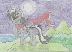 Size: 1703x1250 | Tagged: safe, artist:nephilim rider, derpibooru import, oc, oc:heaven lost, unofficial characters only, hybrid, pony, cape, clothes, graph paper, moon, nephilim, night, ocean, scarf, solo, traditional art