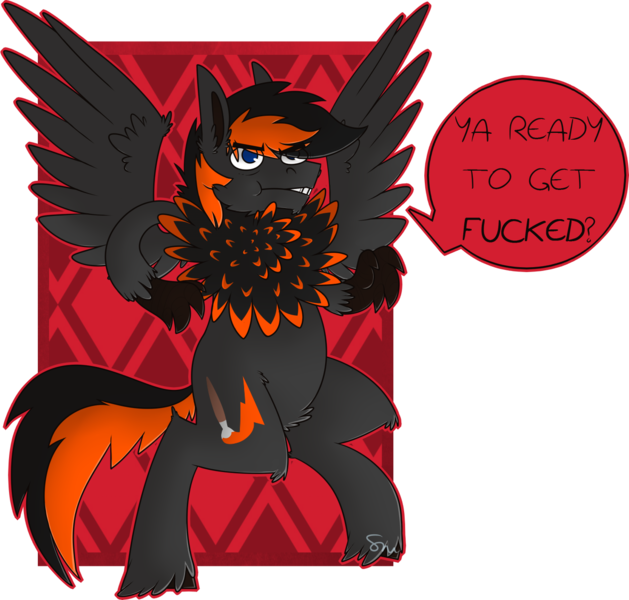 Size: 1180x1125 | Tagged: artist:dr-idiot, derpibooru import, edgy, hippogriff, male, neck feathers, oc, oc:crafted sky, safe, solo, swearing, threatening, unofficial characters only, unshorn fetlocks, vulgar