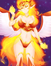 Size: 1280x1654 | Tagged: armor, a royal problem, artist:jonfawkes, breasts, busty daybreaker, daybreaker, derpibooru import, female, fire, human, humanized, looking at you, smiling, solo, solo female, stupid sexy daybreaker, suggestive, unconvincing armor