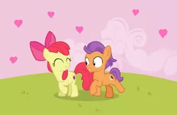 Size: 994x646 | Tagged: safe, artist:lunaticdawn, derpibooru import, apple bloom, tender taps, pony, adorabloom, colt, cute, female, filly, heart, male, shipping, straight, tendaww taps, tenderbloom