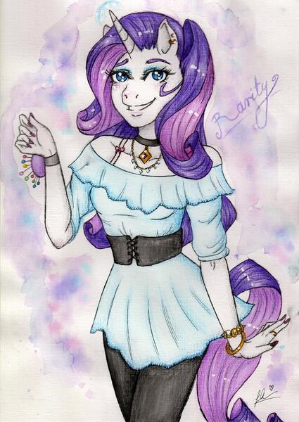 Size: 2469x3489 | Tagged: anthro, artist:milaookami, clothes, derpibooru import, ear piercing, earring, female, jewelry, necklace, piercing, pincushion, rarity, safe, shirt, smiling, solo, traditional art