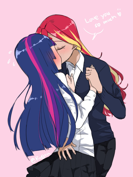 Size: 768x1024 | Tagged: safe, artist:extraluna, derpibooru import, sunset shimmer, twilight sparkle, human, equestria girls, alternate costumes, blushing, blushing profusely, clothes, eyes closed, female, heart, holding hands, human coloration, humanized, kissing, lesbian, shipping, simple background, sunsetsparkle
