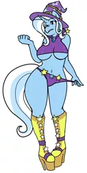 Size: 1528x3000 | Tagged: suggestive, artist:/d/non, derpibooru import, trixie, anthro, plantigrade anthro, unicorn, equestria girls, bimbo, bimboification, breasts, busty trixie, clothes, female, hat, knee high boots, panties, platform shoes, simple background, solo, solo female, underboob, underwear, white background