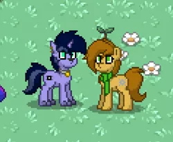 Size: 474x388 | Tagged: safe, derpibooru import, oc, oc:jade sprockett, oc:purple flix, unofficial characters only, dog, pony, unicorn, pony town, accessories, clothes, collar, cute, leaf, scarf