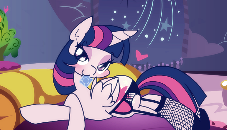 Size: 770x443 | Tagged: questionable, artist:panyang-panyang, derpibooru import, twilight sparkle, twilight sparkle (alicorn), alicorn, pony, clothes, condom, condom in mouth, female, fishnets, heart, lingerie, mouth hold, solo, solo female