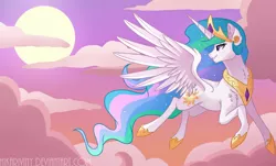 Size: 1024x619 | Tagged: safe, artist:hikariviny, derpibooru import, princess celestia, alicorn, pony, female, flying, looking back, mare, smiling, solo, sun