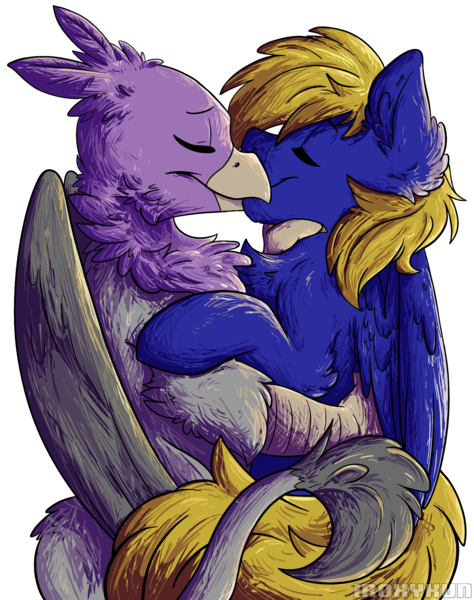 Size: 1892x2397 | Tagged: safe, artist:iroxykun, derpibooru import, oc, oc:cloud quake, oc:gent, unofficial characters only, gryphon, pegasus, pony, beak, couple, eyes closed, feather, gay, interspecies, kissing, love, male, oc x oc, shipping, simple background, talons, transparent background, wings