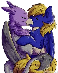 Size: 1892x2397 | Tagged: safe, artist:iroxykun, derpibooru import, oc, oc:cloud quake, oc:gent, unofficial characters only, gryphon, pegasus, pony, beak, couple, eyes closed, feather, gay, interspecies, kissing, love, male, oc x oc, shipping, simple background, talons, transparent background, wings