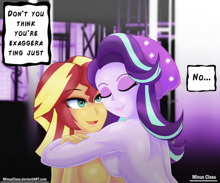 Size: 2640x2200 | Tagged: suggestive, artist:minusclass, derpibooru import, starlight glimmer, sunset shimmer, equestria girls, mirror magic, spoiler:eqg specials, beanie, breasts, busty starlight glimmer, busty sunset shimmer, clothes, dialogue, eyes closed, eyeshadow, featureless breasts, female, hat, hug, lesbian, lidded eyes, lipstick, makeup, naked hug, nudity, partial nudity, shimmerglimmer, shipping, smiling, symmetrical docking, text, topless