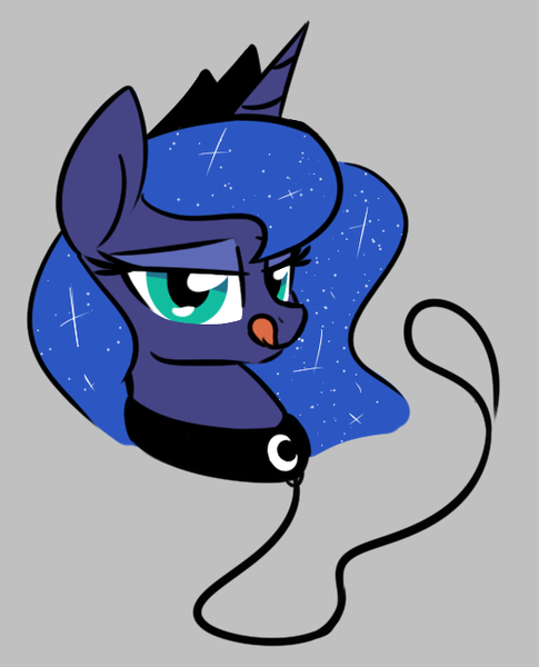 Size: 525x650 | Tagged: safe, artist:masserey, derpibooru import, princess luna, alicorn, pony, bedroom eyes, bust, collar, crown, female, gray background, jewelry, leash, licking, licking lips, looking at you, pet play, peytral, regalia, simple background, solo, tongue out