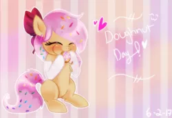 Size: 1055x720 | Tagged: safe, artist:starchasesketches, derpibooru import, oc, oc:doughnutsprinkles, unofficial characters only, earth pony, pony, blushing, cute, donut, donut day, ear piercing, earring, eating, food, jewelry, mouth hold, nom, piercing, ribbon, solo, sprinkles