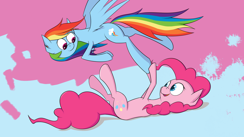 Size: 3840x2160 | Tagged: safe, artist:cloudyskieswrites, derpibooru import, pinkie pie, rainbow dash, pony, female, flying, high res, lesbian, on back, pinkiedash, shipping