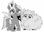 Size: 820x600 | Tagged: safe, artist:kkotnim, derpibooru import, queen chrysalis, oc, oc:fluffle puff, changeling, changeling queen, nymph, pony, chibi, cute, cutealis, duo, duo female, female, flufflebetes, mare, monochrome, simple background, tongue out, white background