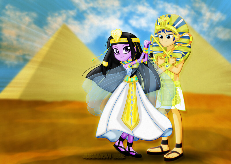 Size: 1600x1131 | Tagged: safe, artist:jucamovi1992, derpibooru import, flash sentry, twilight sparkle, equestria girls, clothes, crook, crown, dress, egypt, egyptian, feet, female, flail, flashlight, jewelry, male, pharaoh, pyramid, regalia, sandals, shipping, straight, tunic, weapon