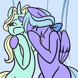 Size: 1072x1078 | Tagged: safe, artist:/d/non, derpibooru import, dear darling, fond feather, pegasus, pony, unicorn, hard to say anything, 30 minute art challenge, duo, female, laughing, laughingmares.jpg, mare, meme