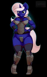 Size: 1080x1755 | Tagged: suggestive, artist:kloudmutt, derpibooru import, oc, oc:evening rise, unofficial characters only, anthro, plantigrade anthro, unicorn, advent, advent stun lancer, anthro oc, armor, black background, breasts, female, simple background, solo, solo female, unconvincing armor