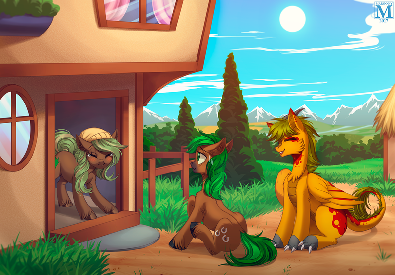 Size: 1700x1186 | Tagged: artist:margony, cloud, commission, derpibooru import, dracony, eyes closed, female, forest, house, hybrid, male, mare, oc, oc:grit, oc:jaeger, oc:jaeger sylva, oc:vale sylva, river, safe, scenery, sitting, sky, smiling, stallion, sun, trio, unofficial characters only