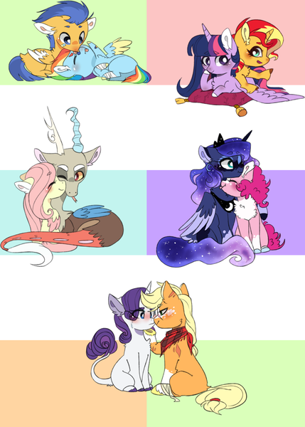 Size: 1522x2129 | Tagged: safe, artist:s1nb0y, derpibooru import, applejack, discord, flash sentry, fluttershy, pinkie pie, princess luna, rainbow dash, rarity, sunset shimmer, twilight sparkle, twilight sparkle (alicorn), alicorn, classical unicorn, pony, unicorn, bandage, chest fluff, cloven hooves, cute, diapinkes, diasentres, discoshy, discute, female, flashdash, leonine tail, lesbian, licking, lunapie, male, mane six, missing cutie mark, neck nuzzle, nuzzling, pillow, prone, rarijack, scar, shipping, straight, sunsetsparkle, tongue out, unshorn fetlocks