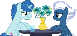 Size: 6305x3000 | Tagged: safe, artist:dashiesparkle, derpibooru import, night glider, party favor, pegasus, pony, unicorn, hard to say anything, .svg available, absurd resolution, cup, duo, flower, glass, lidded eyes, looking at each other, partyglider, simple background, smiling, table, transparent background, vase, vector, water
