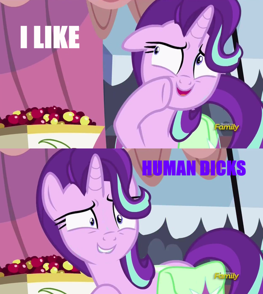 Size: 915x1024 | Tagged: questionable, derpibooru import, edit, edited screencap, screencap, starlight glimmer, pony, rock solid friendship, discovery family logo, exploitable meme, image macro, meme, solo, starlight's confessions, vulgar