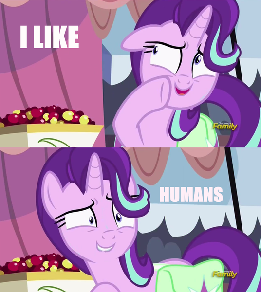 Size: 915x1024 | Tagged: safe, derpibooru import, edit, edited screencap, screencap, starlight glimmer, pony, rock solid friendship, discovery family logo, exploitable meme, humie, image macro, meme, solo, starlight's confessions