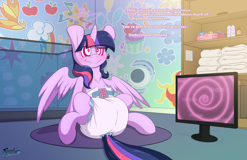 Size: 4000x2600 | Tagged: questionable, artist:fluffyxai, derpibooru import, twilight sparkle, twilight sparkle (alicorn), alicorn, pony, chest fluff, dialogue, diaper, diaper fetish, female, fetish, hypnosis, mental regression, monitor, nursery, pacifier, poofy diaper, screen, sitting, solo, solo female, spiral, swirly eyes