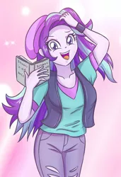 Size: 2405x3507 | Tagged: safe, artist:sumin6301, derpibooru import, starlight glimmer, equestria girls, mirror magic, spoiler:eqg specials, beanie, book, clothes, hat, pants, shirt, smiling, solo