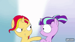 Size: 640x360 | Tagged: safe, artist:doublewbrothers, derpibooru import, starlight glimmer, sunset shimmer, pony, unicorn, animated, crying, cute, eye shimmer, female, filly, filly starlight glimmer, filly sunset shimmer, floppy ears, gif, gifs.com, glimmerbetes, open mouth, sad, savage, shimmerbetes, thought crimes, younger, youtube link
