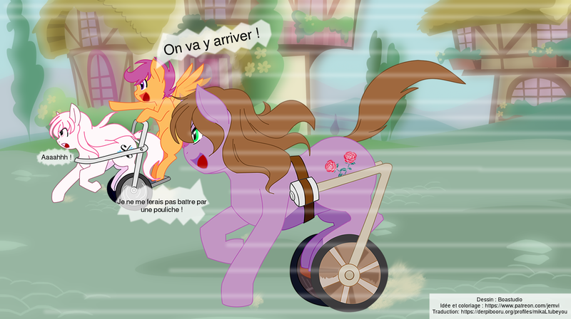 Size: 1880x1052 | Tagged: safe, artist:boastudio, artist:jemvi, derpibooru import, scootaloo, oc, oc:gracey, oc:snowshine, pony, adopted offspring, comic, disabled, french, handicapped, paraplegic mare, parent:adagio dazzle, racing, wheelchair