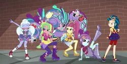 Size: 1776x894 | Tagged: safe, artist:limedazzle, artist:themexicanpunisher, derpibooru import, edit, edited screencap, screencap, indigo zap, lemon zest, sour sweet, sugarcoat, sunny flare, dance magic, equestria girls, spoiler:eqg specials, boots, brick wall, clothes, converse, ear piercing, earring, eyes closed, female, glasses, high heelboots, jewelry, piercing, shadow five, shoes, skirt, socks