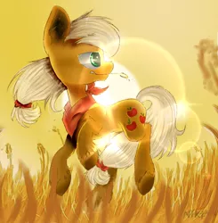 Size: 740x755 | Tagged: safe, artist:nikjessica, derpibooru import, applejack, pony, backlighting, bandana, food, lens flare, looking back, running, solo, straw, straw in mouth, unshorn fetlocks, wheat