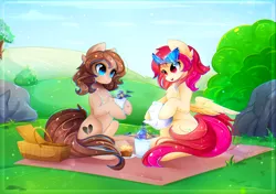 Size: 3000x2117 | Tagged: safe, artist:koveliana, derpibooru import, oc, oc:heartbreak, oc:lightning dashes, unofficial characters only, earth pony, pegasus, pony, basket, commission, cup, cute, duo, female, food, grass, mare, muffin, ocbetes, picnic, picnic basket, smiling, teacup, visor