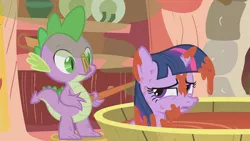 Size: 1280x720 | Tagged: safe, derpibooru import, screencap, spike, twilight sparkle, dragon, pony, unicorn, season 1, winter wrap up, bath, bathtub, bee sting, brush, clothespin, female, male, nose pinch, ouch, skunk spray, smell, smelly, stool, tomato juice, unicorn twilight, visible stench