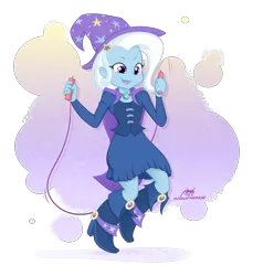 Size: 1848x2018 | Tagged: safe, artist:midnightpremiere, derpibooru import, trixie, equestria girls, boots, cape, clothes, cute, diatrixes, fall formal outfits, hat, high heel boots, jump rope, jumping, smiling, solo, trixie's cape, trixie's hat