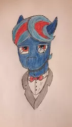 Size: 607x1080 | Tagged: safe, artist:lxden, derpibooru import, oc, oc:hellfire, unofficial characters only, pony, bowtie, clothes, fur, gentlepony, monocle, red eyes, solo, traditional art