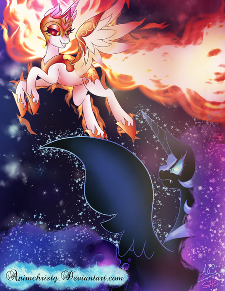 Size: 1024x1325 | Tagged: safe, artist:animechristy, derpibooru import, daybreaker, nightmare moon, alicorn, pony, a royal problem, confrontation, duo, fangs, female, helmet, looking at each other, royal sisters, sisters, stars